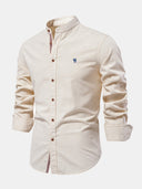 Linen Look Long-Sleeved Shirt with Stand Collar