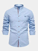 Linen Look Long-Sleeved Shirt with Stand Collar