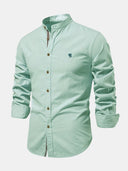 Linen Look Long-Sleeved Shirt with Stand Collar