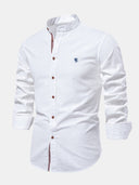 Linen Look Long-Sleeved Shirt with Stand Collar