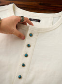 Türkisfarbenes Henley-Langarm-T-Shirt mit 5 Knöpfen