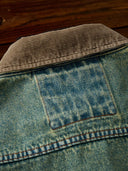 Denim Work Shirt with Retro Print and Corduroy Contrast Collar