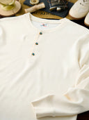 Waffle Henley Neck Long Sleeve T-Shirt with Turquoise-Style 3 Buttons