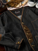 Elbow Corduroy Patches Collarless Denim Jacket