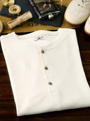 Waffle Henley Neck Long Sleeve T-Shirt with Turquoise-Style 3 Buttons