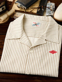 "KaraKu" Diamond Embroidered Logo Pinstripe Open Collar Shirt