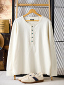 Türkisfarbenes Henley-Langarm-T-Shirt mit 5 Knöpfen