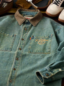 Denim Work Shirt with Retro Print and Corduroy Contrast Collar