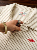 "KaraKu" Diamond Embroidered Logo Pinstripe Open Collar Shirt