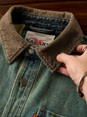 Denim Work Shirt with Retro Print and Corduroy Contrast Collar