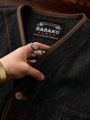 Elbow Corduroy Patches Collarless Denim Jacket