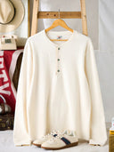 Waffle Henley Neck Long Sleeve T-Shirt with Turquoise-Style 3 Buttons