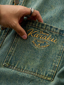 Denim Work Shirt with Retro Print and Corduroy Contrast Collar