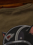"Cat Wearing Helmet" Print & Karaku Logo Embroidery V-Gusset Sweatshirt