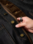 Elbow Corduroy Patches Collarless Denim Jacket