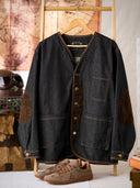 Elbow Corduroy Patches Collarless Denim Jacket