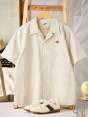 "KaraKu" Diamond Embroidered Logo Pinstripe Open Collar Shirt