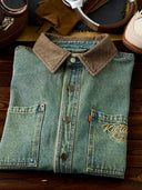 Denim Work Shirt with Retro Print and Corduroy Contrast Collar
