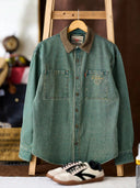 Denim Work Shirt with Retro Print and Corduroy Contrast Collar