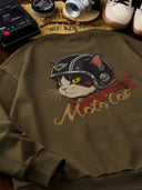 "Cat Wearing Helmet" Print & Karaku Logo Embroidery V-Gusset Sweatshirt