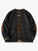 Elbow Corduroy Patches Collarless Denim Jacket