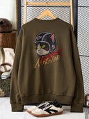 "Cat Wearing Helmet" Print & Karaku Logo Embroidery V-Gusset Sweatshirt