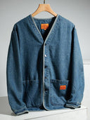 Contrast Button Collarless Denim Jacket