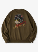 "Cat Wearing Helmet" Print & Karaku Logo Embroidery V-Gusset Sweatshirt