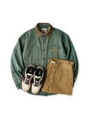 Denim Work Shirt with Retro Print and Corduroy Contrast Collar