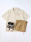 "KaraKu" Diamond Embroidered Logo Pinstripe Open Collar Shirt