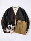 Elbow Corduroy Patches Collarless Denim Jacket