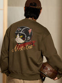 "Cat Wearing Helmet" Print & Karaku Logo Embroidery V-Gusset Sweatshirt