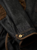 Elbow Corduroy Patches Collarless Denim Jacket
