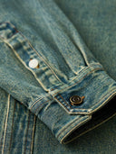 Denim Work Shirt with Retro Print and Corduroy Contrast Collar