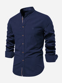 Linen Look Long-Sleeved Shirt with Stand Collar
