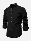 Linen Look Long-Sleeved Shirt with Stand Collar
