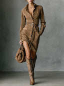 Suede Single Breasted Lapel Long Sleeve Midi Dress