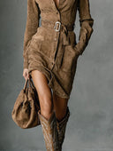 Suede Single Breasted Lapel Long Sleeve Midi Dress