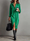 Loose Corduroy Double Chest Pocket Single Breasted Midi Dress