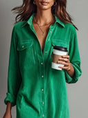 Loose Corduroy Double Chest Pocket Single Breasted Midi Dress