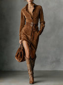 Suede Single Breasted Lapel Long Sleeve Midi Dress