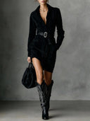 Suede Single Breasted Lapel Long Sleeve Midi Dress