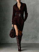 Suede Single Breasted Lapel Long Sleeve Midi Dress